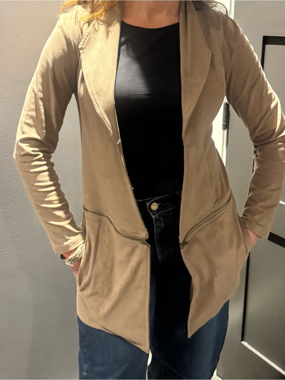 Simply Noelle Tan Open-Front Blazer with Zip Pocket Accents